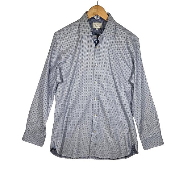 Ted Baker Endurance Navy White Printed Long Sleeve Button Up Shirt Size 16 32/33 - Picture 1 of 10